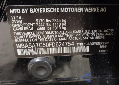 2015 BMW 528I xDrive из США, поврежденный, VIN WBA5A7C50FD624754